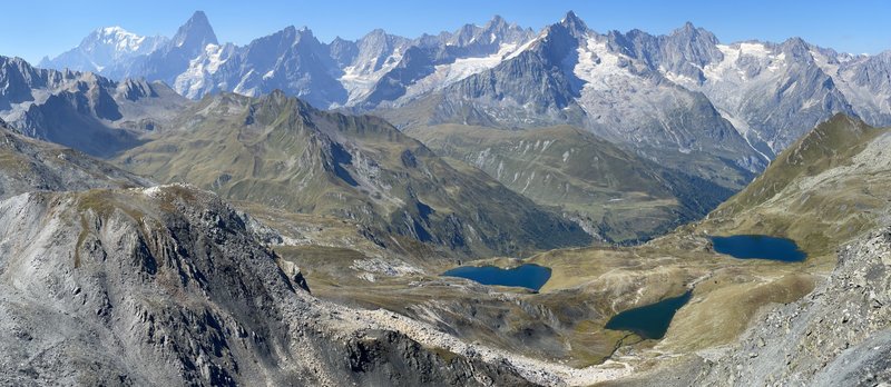 Two mountain lakes with the Mont Blanc massif behind